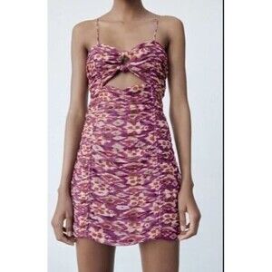 Zara Purple Printed Ruched Metallic Front Cut Out Mini Cocktail Dress Size S